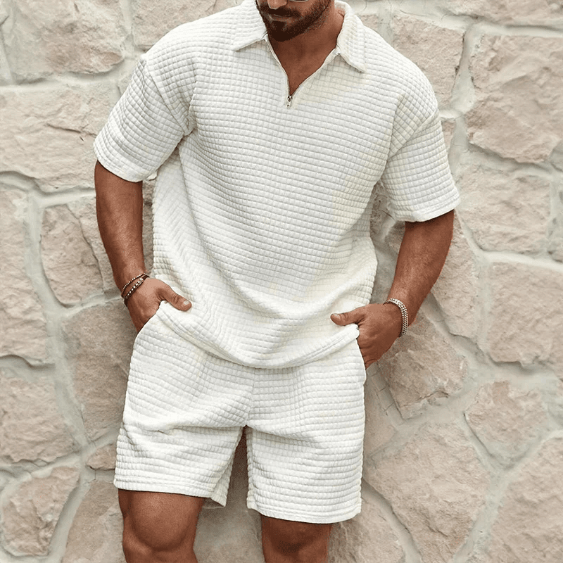 Homme Ensemble Polo Manches Courtes et Short avec Col et Fermeture Éclair