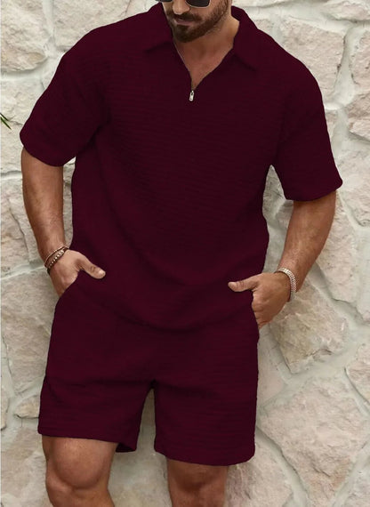 Homme Ensemble Polo Manches Courtes et Short avec Col et Fermeture Éclair