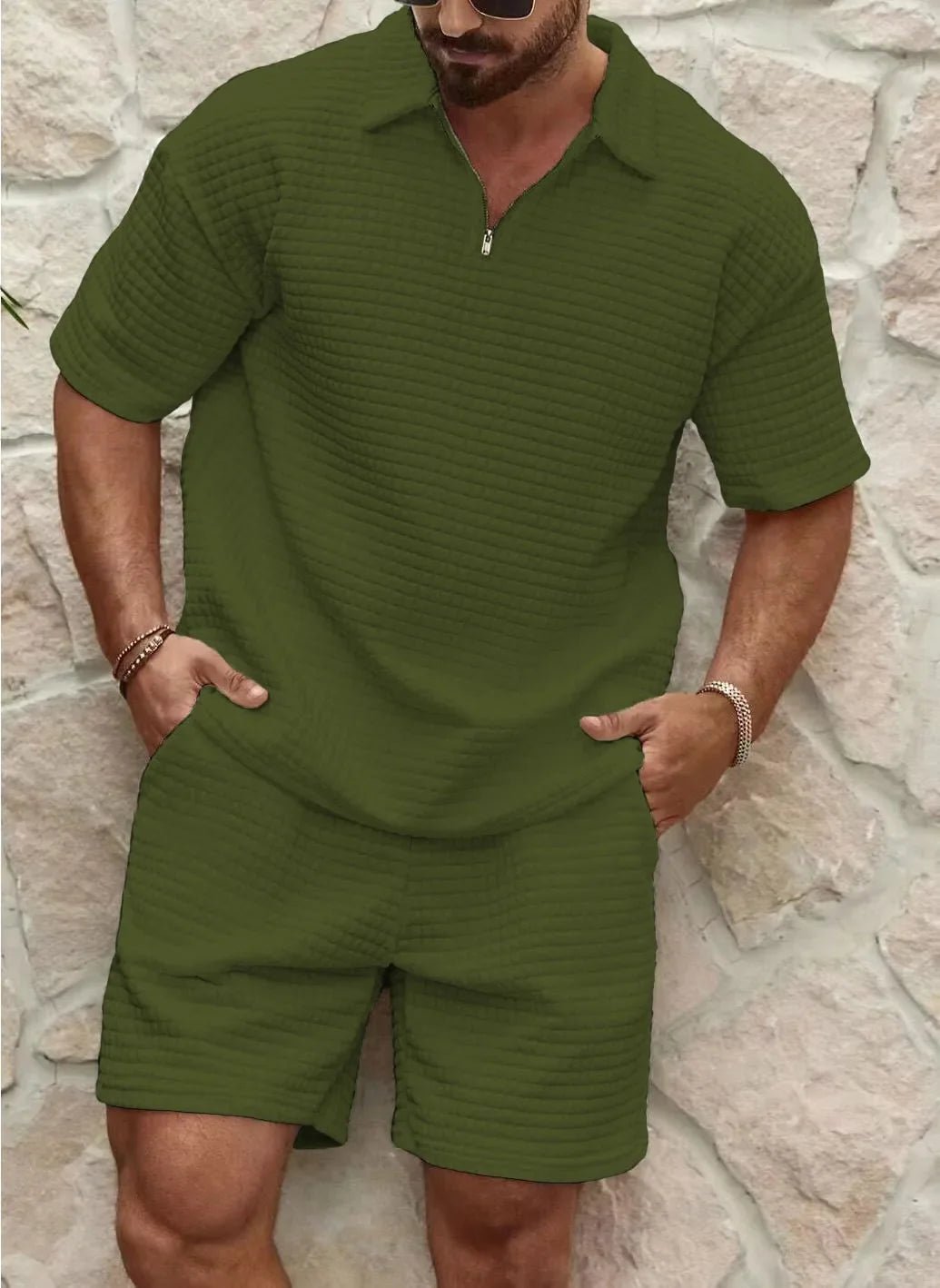 Homme Ensemble Polo Manches Courtes et Short avec Col et Fermeture Éclair