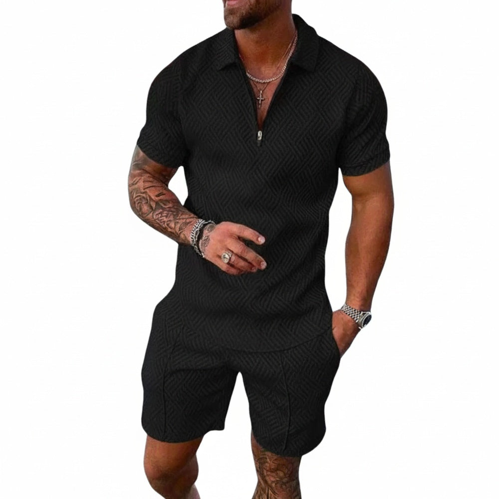 Homme Ensemble Polo Manches Courtes et Short avec Col Zippé