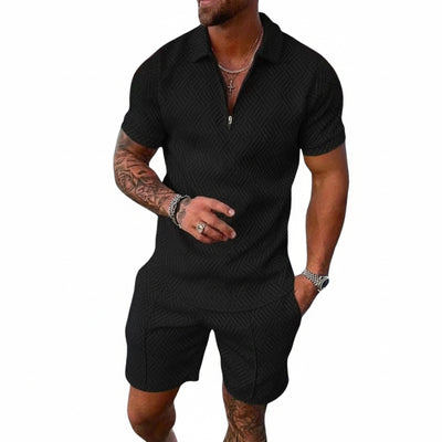Homme Ensemble Polo Manches Courtes et Short avec Col Zippé