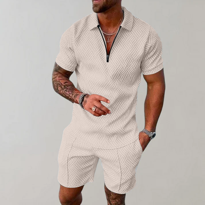 Homme Ensemble Polo Manches Courtes et Short avec Col Zippé