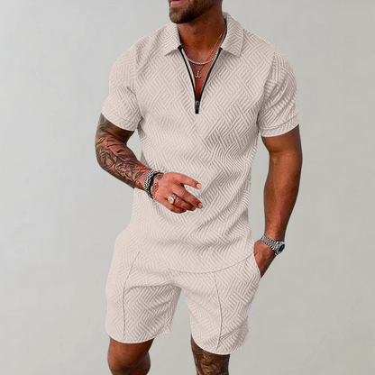 Homme Ensemble Polo Manches Courtes et Short avec Col Zippé