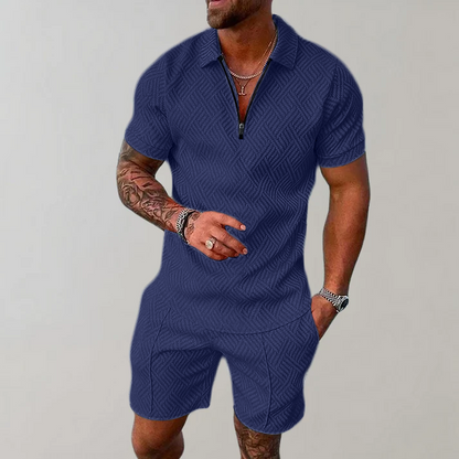 Homme Ensemble Polo Manches Courtes et Short avec Col Zippé