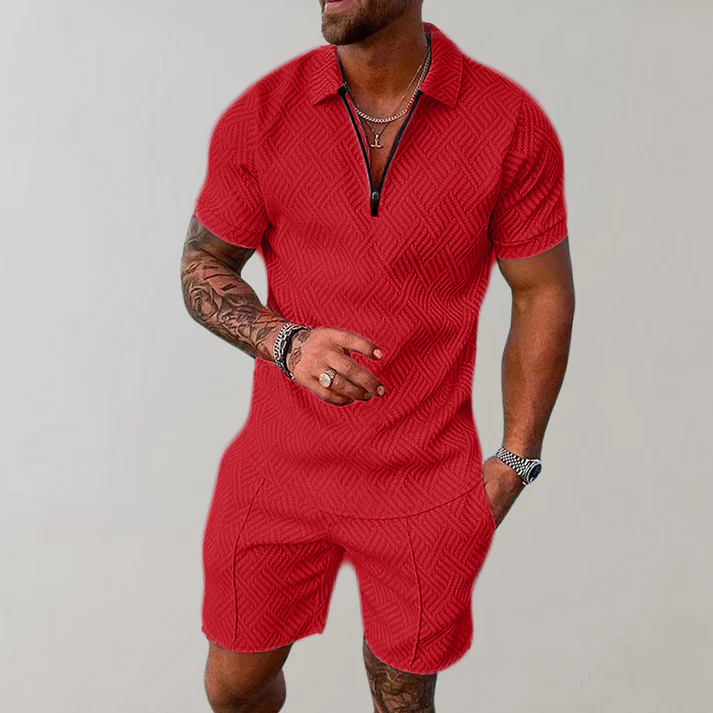 Homme Ensemble Polo Manches Courtes et Short avec Col Zippé