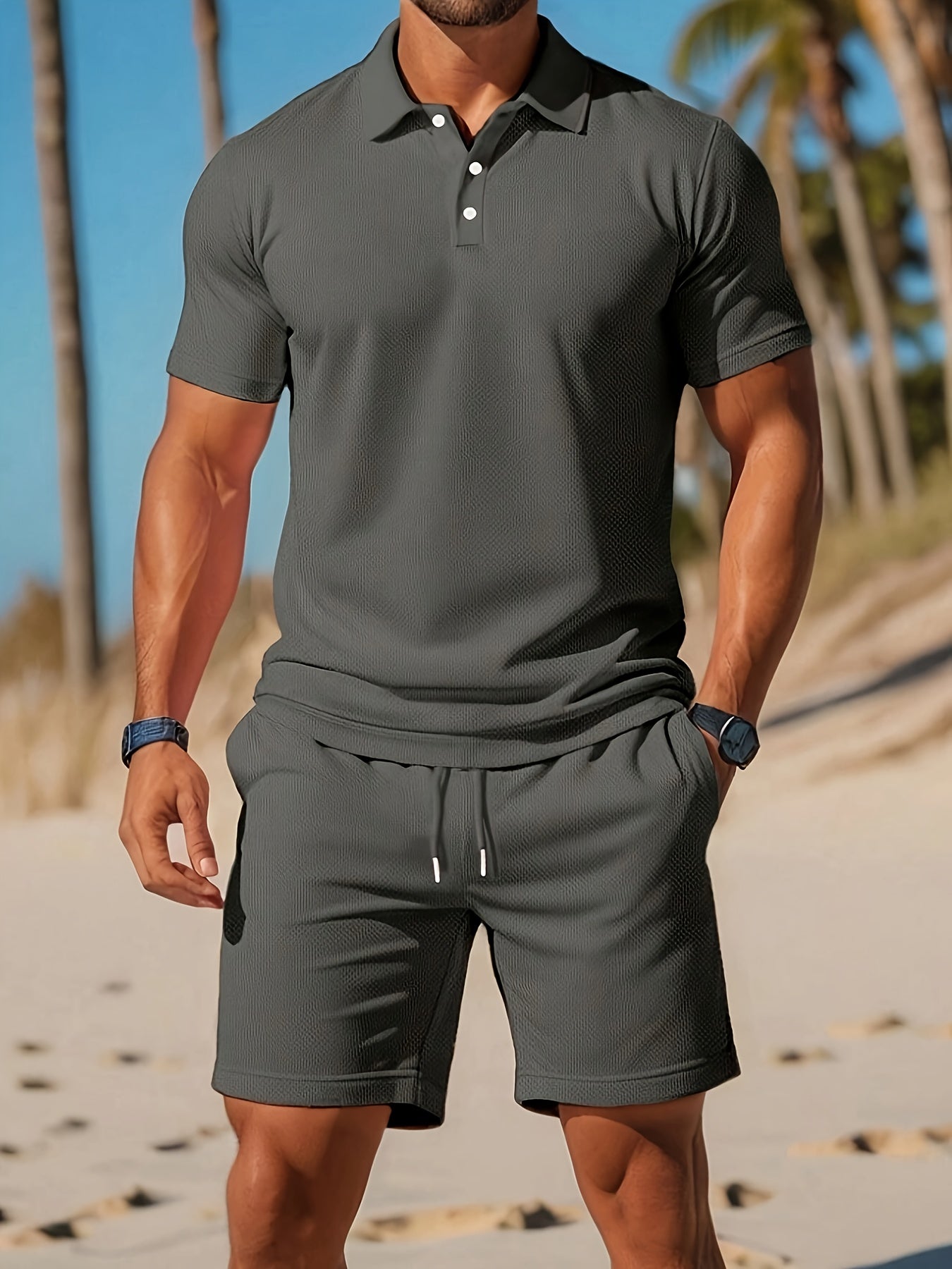 Homme Ensemble Polo Manches Courtes et Short avec Cordon