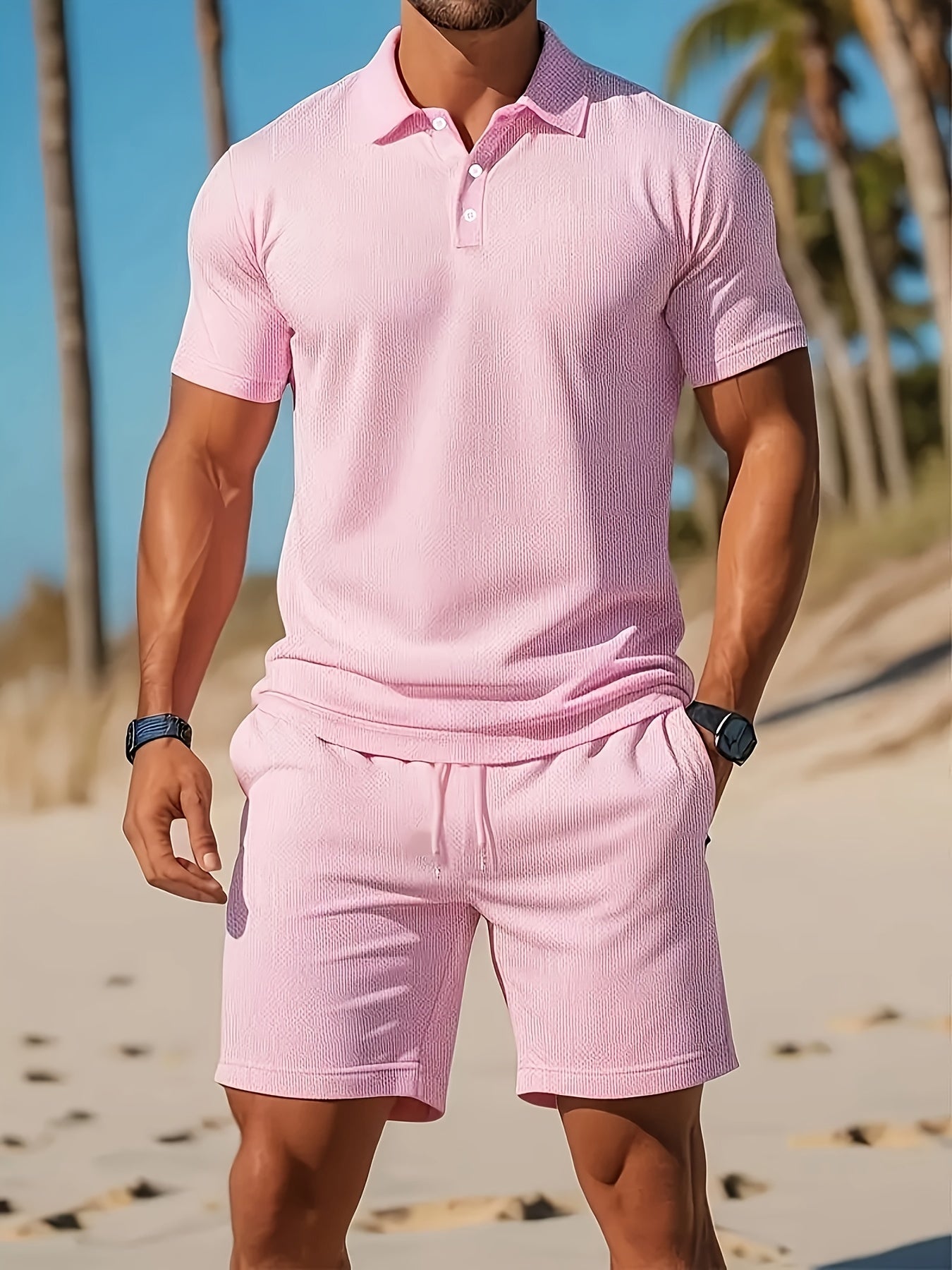 Homme Ensemble Polo Manches Courtes et Short avec Cordon