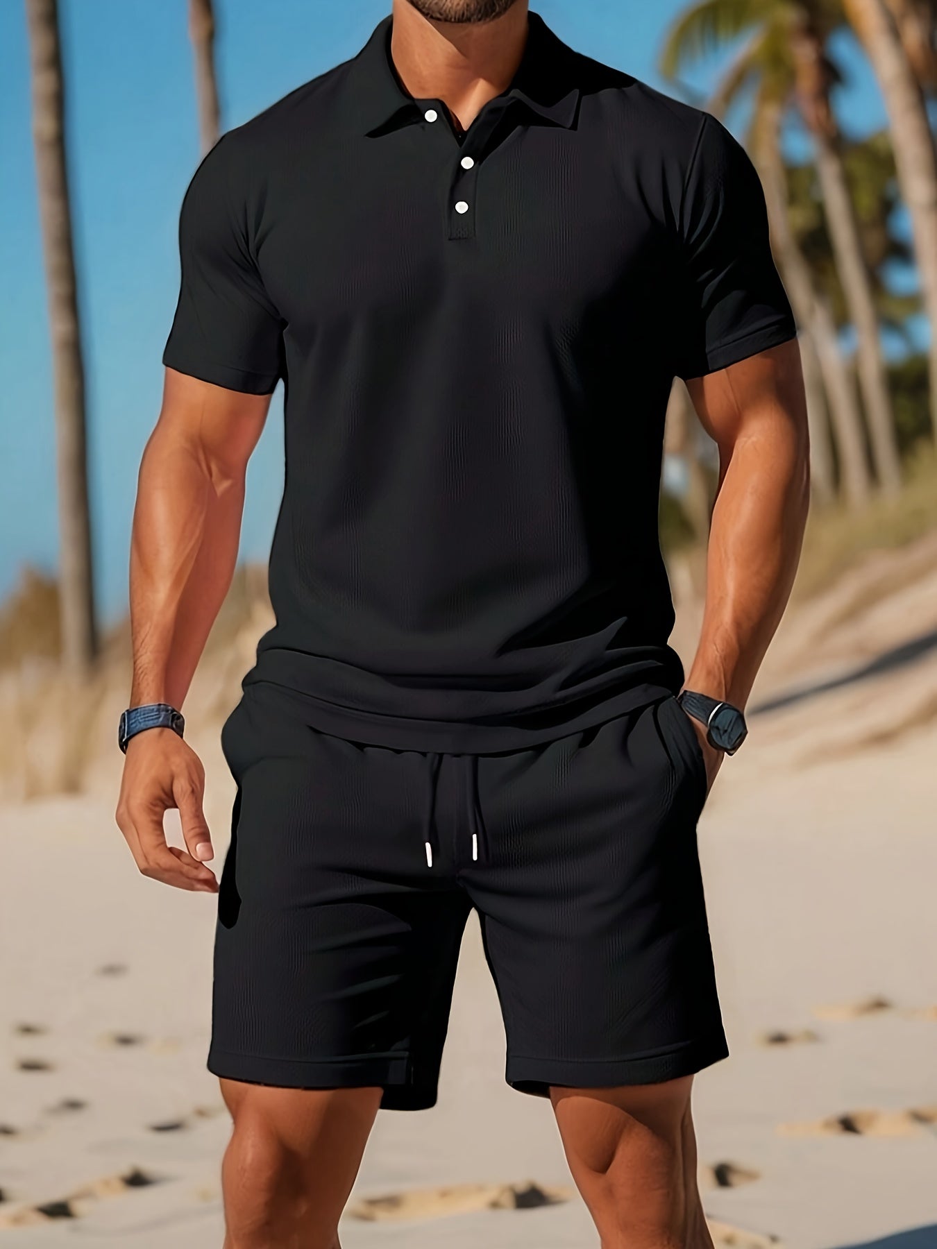 Homme Ensemble Polo Manches Courtes et Short avec Cordon