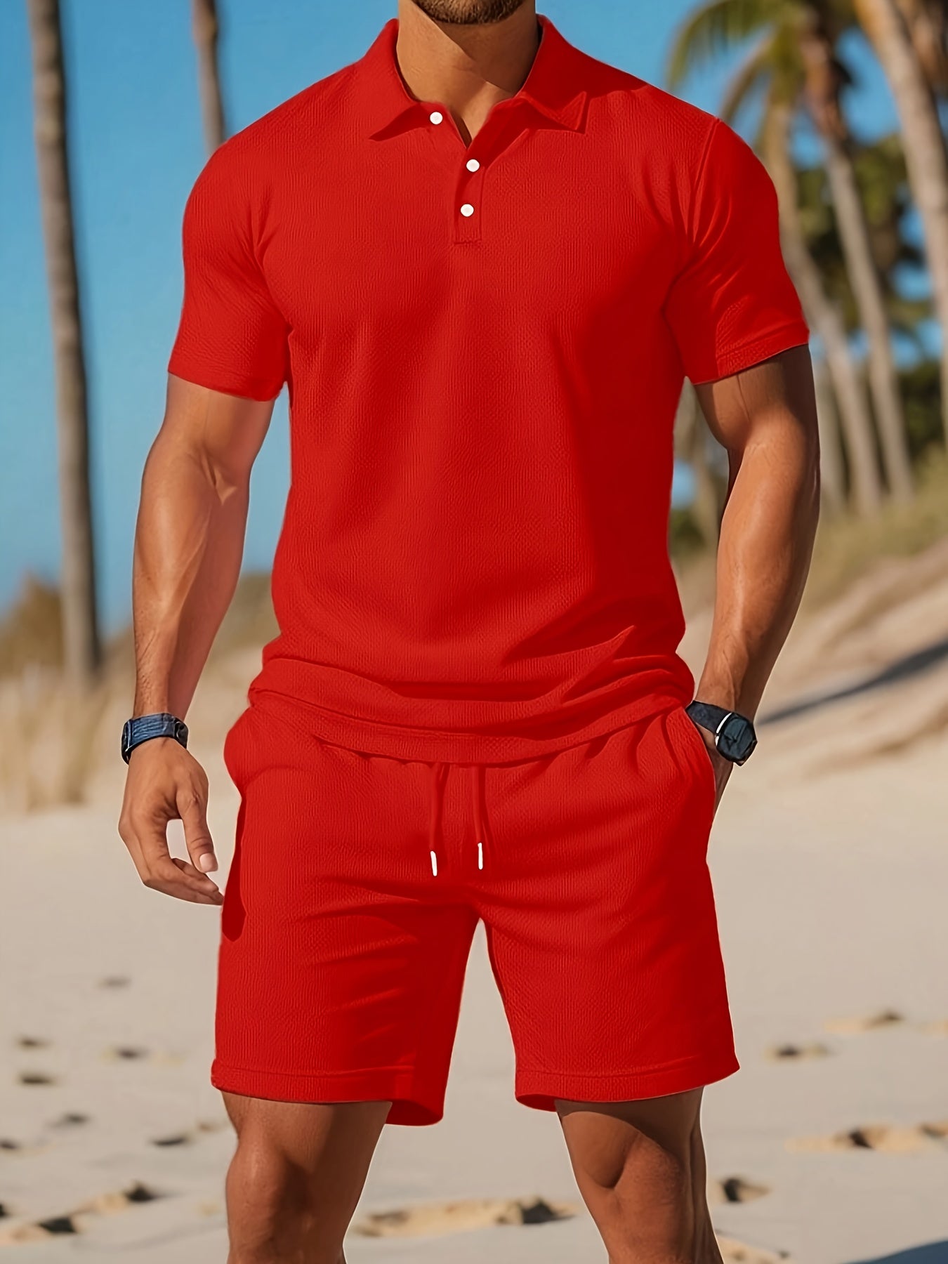 Homme Ensemble Polo Manches Courtes et Short avec Cordon