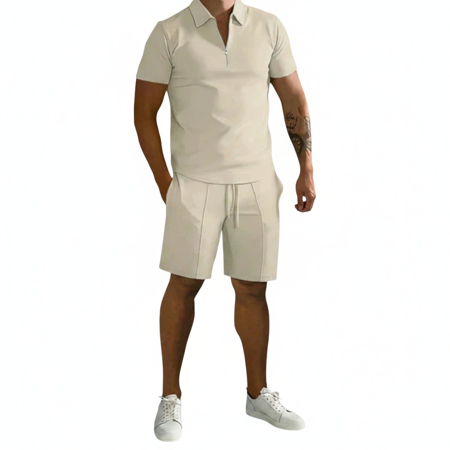 Homme Ensemble polo Manches Courtes et Short avec Fermeture Éclair Slim Fit