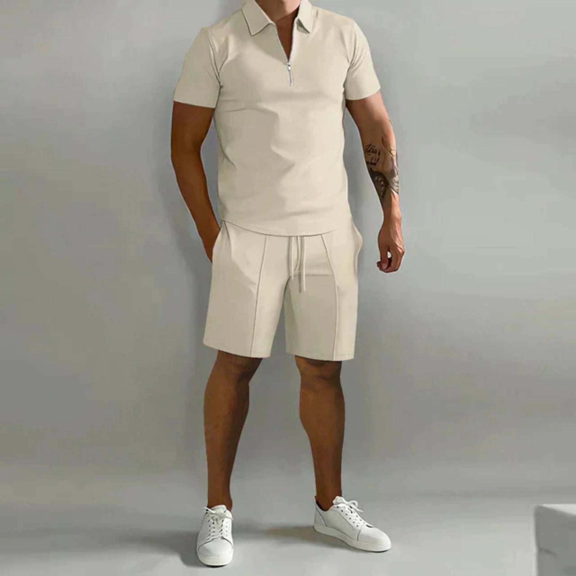 Homme Ensemble polo Manches Courtes et Short avec Fermeture Éclair Slim Fit