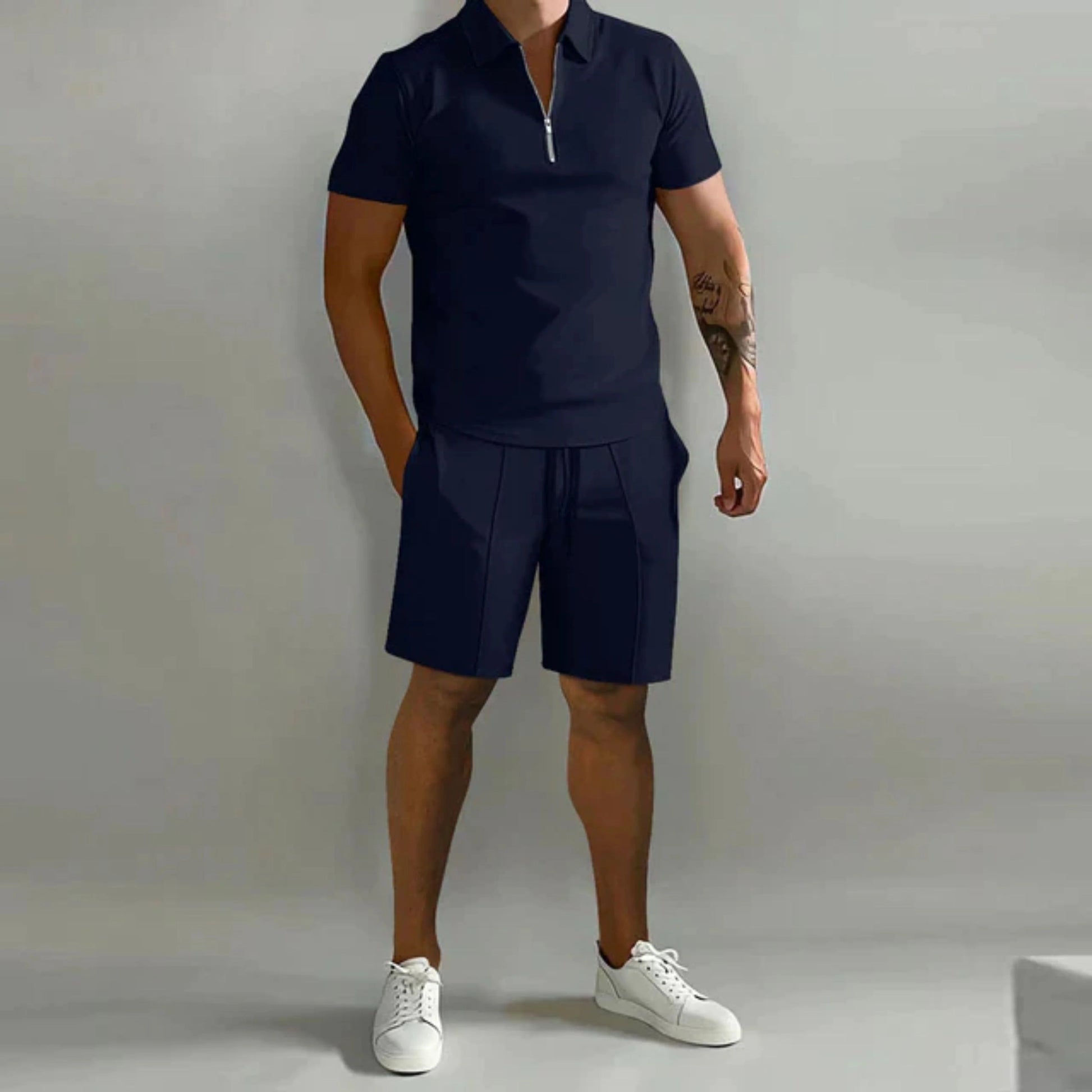 Homme Ensemble polo Manches Courtes et Short avec Fermeture Éclair Slim Fit