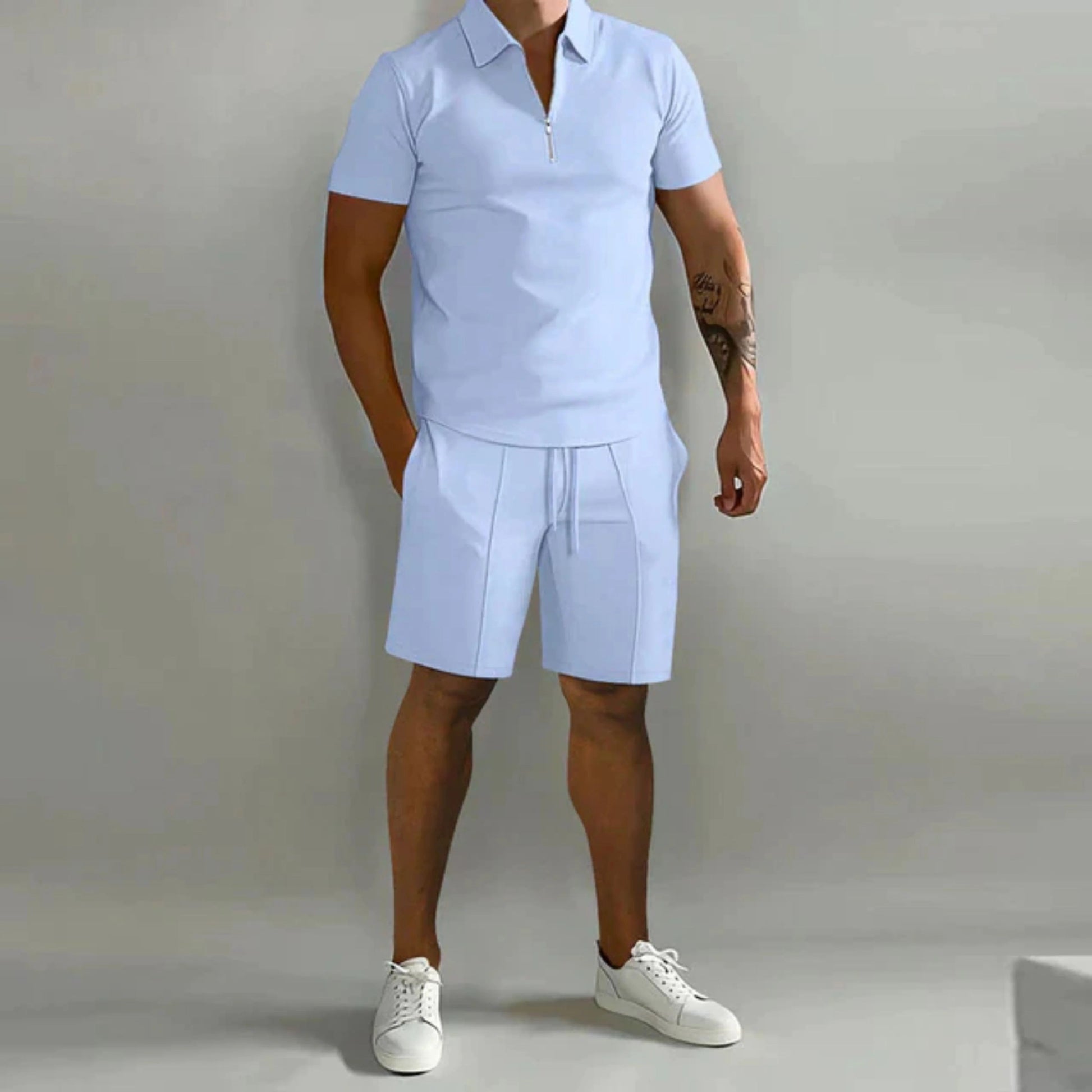 Homme Ensemble polo Manches Courtes et Short avec Fermeture Éclair Slim Fit