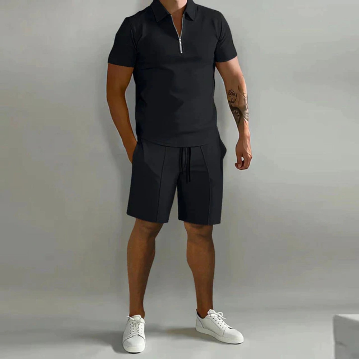 Homme Ensemble polo Manches Courtes et Short avec Fermeture Éclair Slim Fit