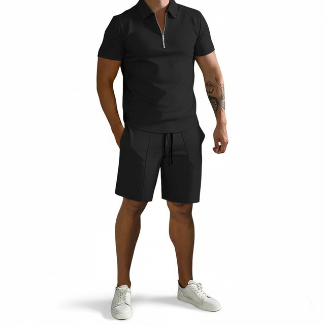 Homme Ensemble Polo Zippé et Short avec Cordon de Serrage