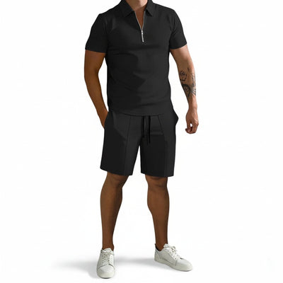 Homme Ensemble Polo Zippé et Short avec Cordon de Serrage