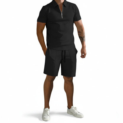 Homme Ensemble Polo Zippé et Short avec Cordon de Serrage