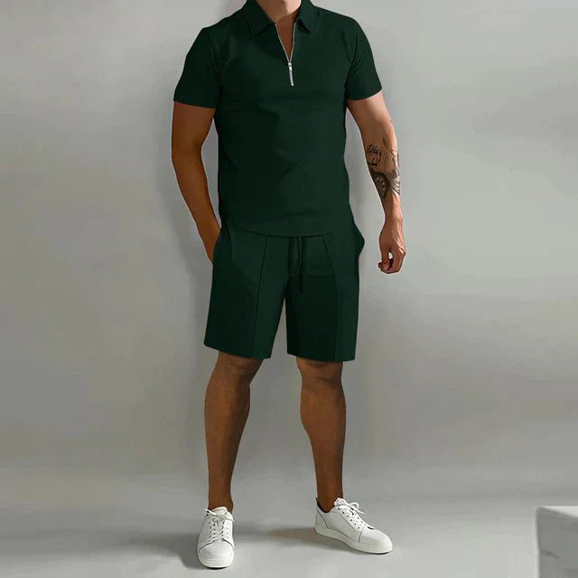Homme Ensemble Polo Zippé et Short avec Cordon de Serrage
