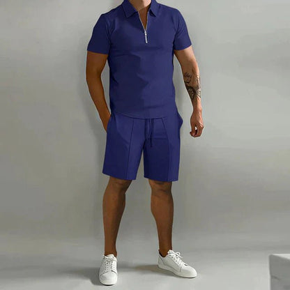 Homme Ensemble Polo Zippé et Short avec Cordon de Serrage