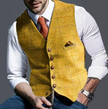 Homme Gilet à Carreaux à Col Cranté et Boutonnage Simple