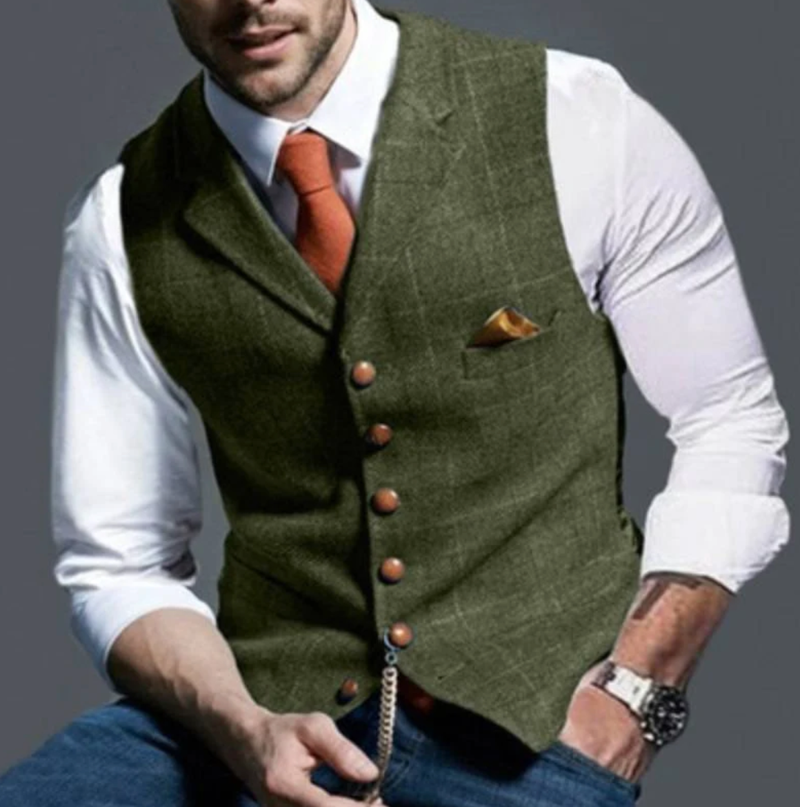 Homme Gilet à Carreaux à Col Cranté et Boutonnage Simple