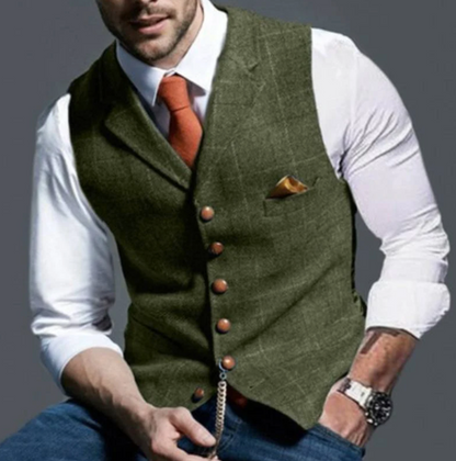 Homme Gilet à Carreaux à Col Cranté et Boutonnage Simple