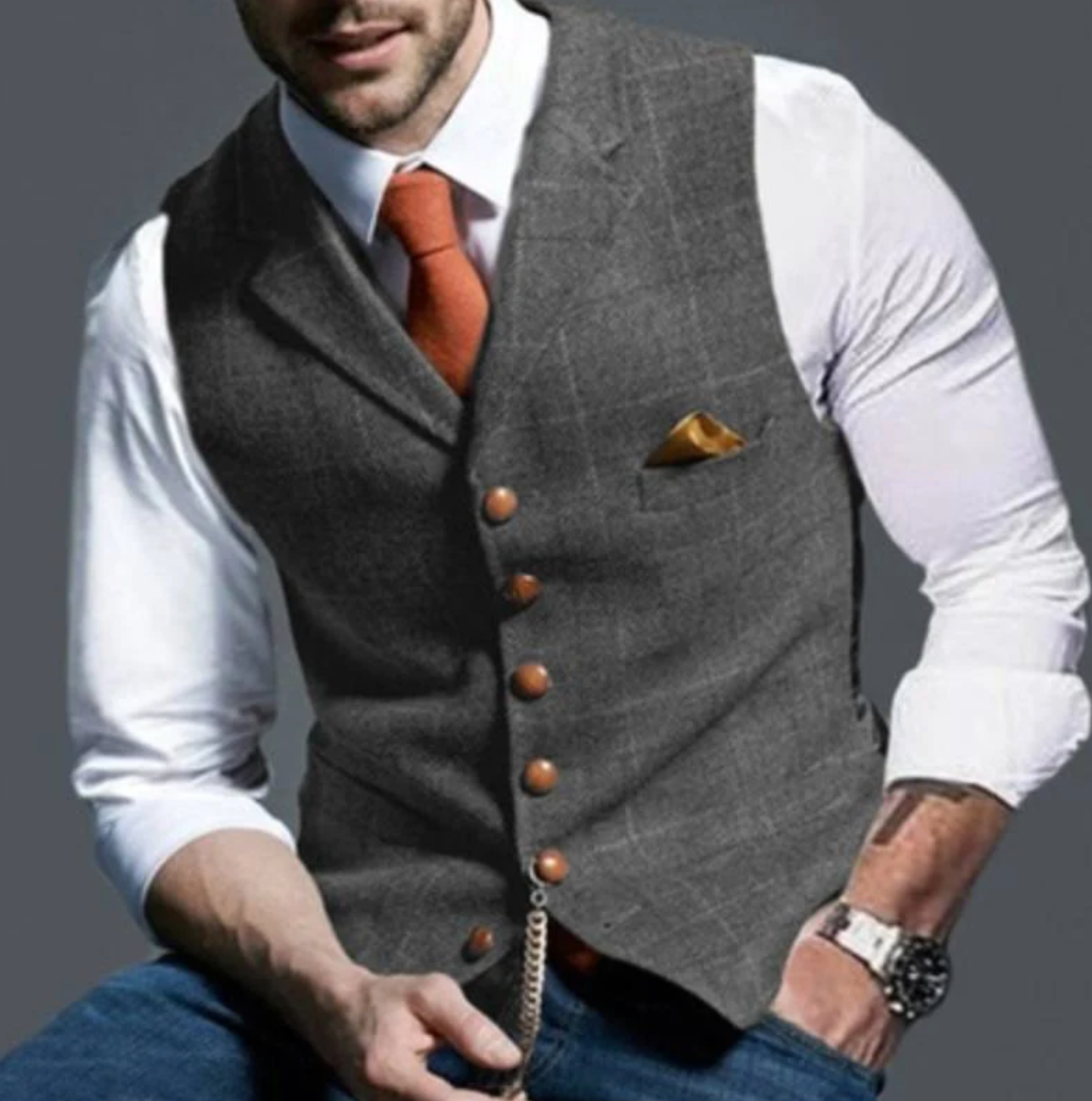 Homme Gilet à Carreaux à Col Cranté et Boutonnage Simple
