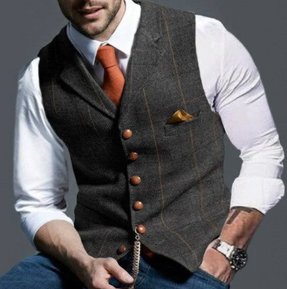 Homme Gilet à Carreaux à Col Cranté et Boutonnage Simple