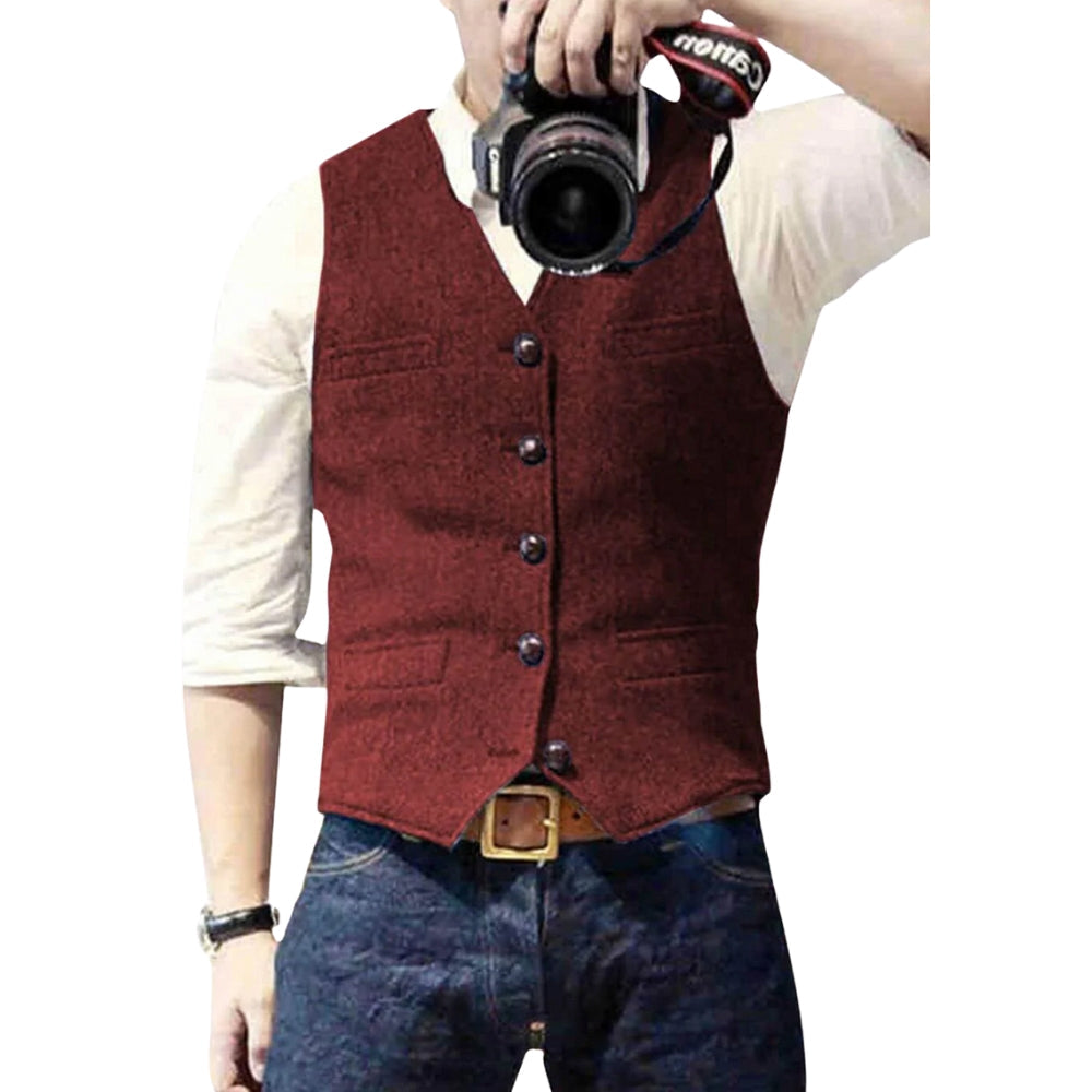 Homme Gilet sans Manches avec Col en V et Fermeture Boutonnée