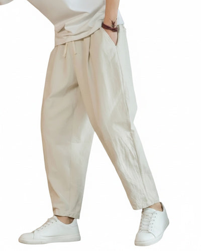 Homme Pantalon Ample à Plis avec Taille Élastique et Cordon