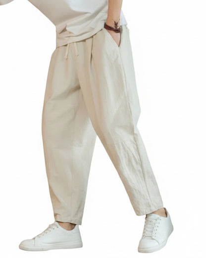 Homme Pantalon Ample à Plis avec Taille Élastique et Cordon
