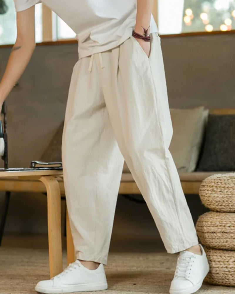 Homme Pantalon Ample à Plis avec Taille Élastique et Cordon