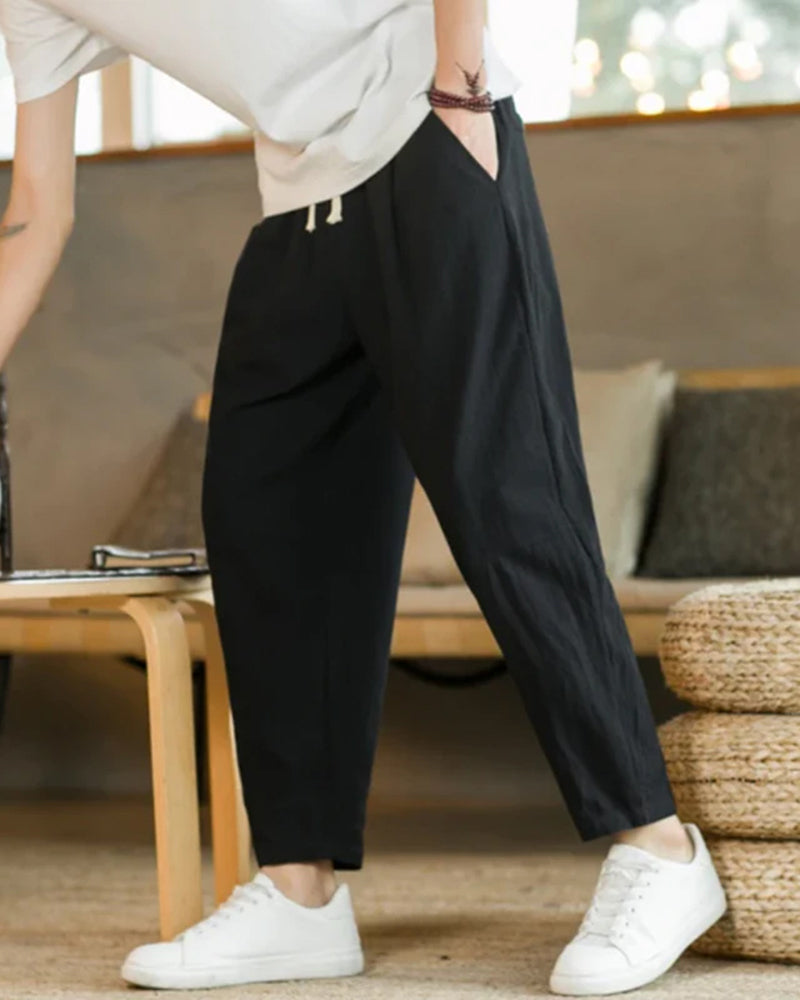 Homme Pantalon Ample à Plis avec Taille Élastique et Cordon