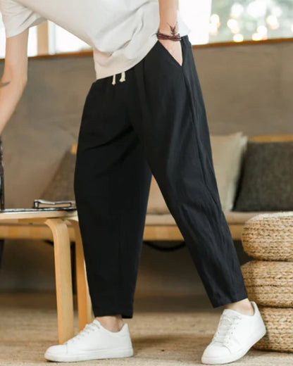 Homme Pantalon Ample à Plis avec Taille Élastique et Cordon