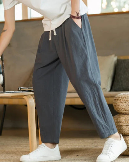 Homme Pantalon Ample à Plis avec Taille Élastique et Cordon