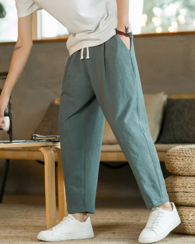Homme Pantalon Ample à Plis avec Taille Élastique et Cordon