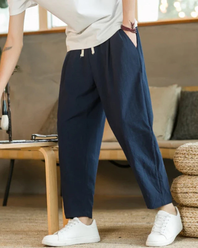 Homme Pantalon Ample à Plis avec Taille Élastique et Cordon