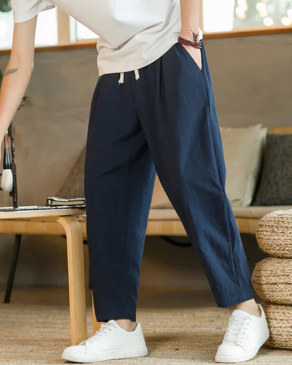 Homme Pantalon Ample à Plis avec Taille Élastique et Cordon