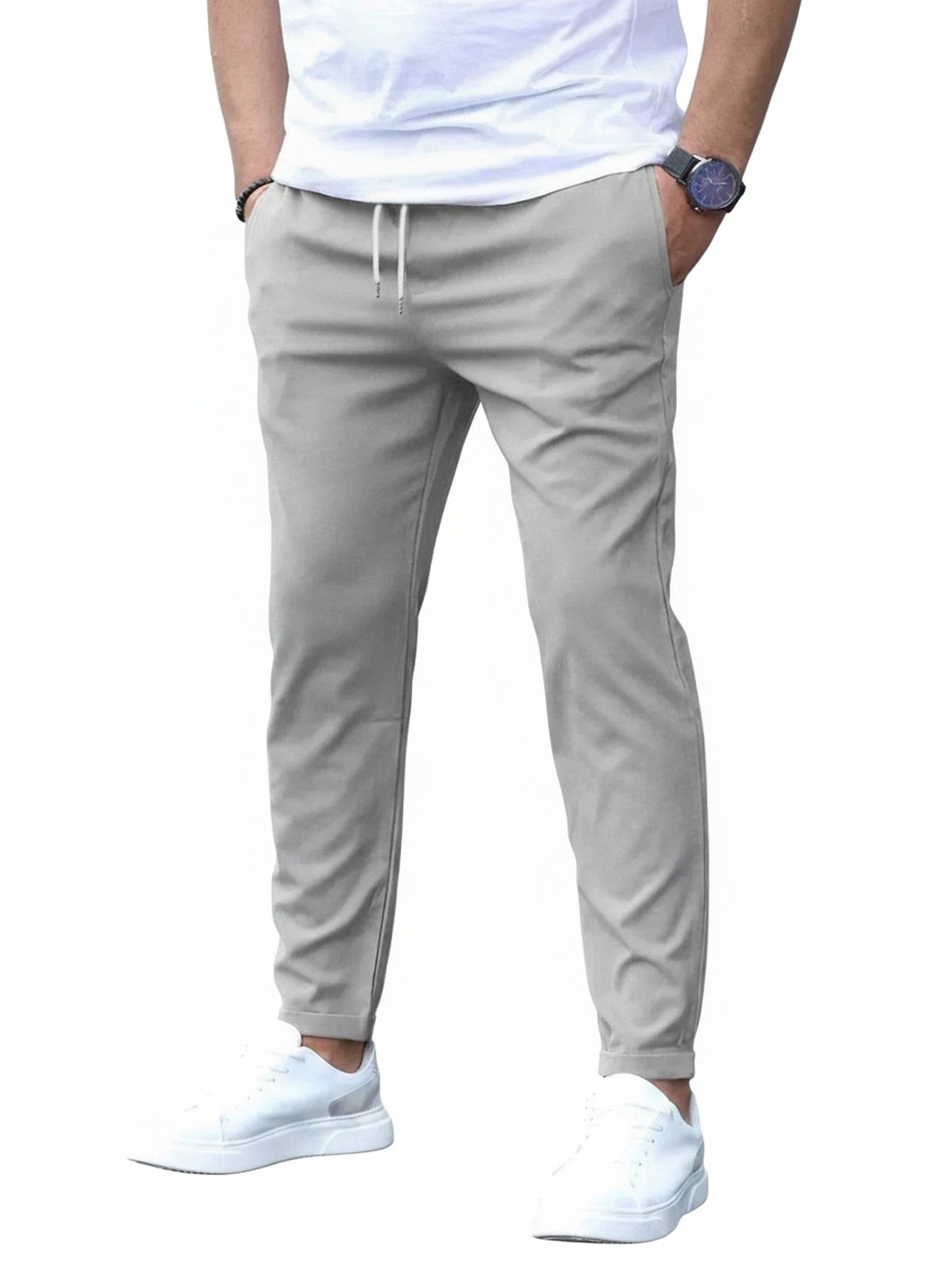 Homme Pantalon Chino Slim avec Cordon de Serrage et Revers
