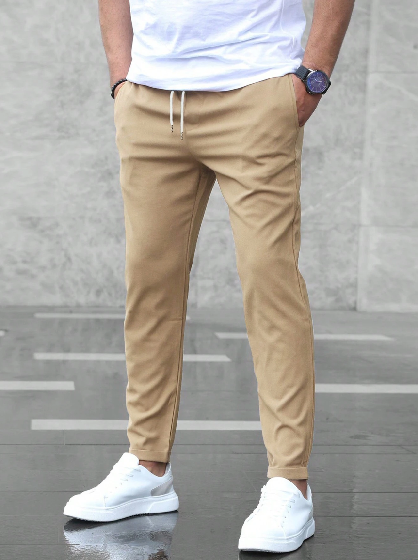 Homme Pantalon Chino Slim avec Cordon de Serrage et Revers