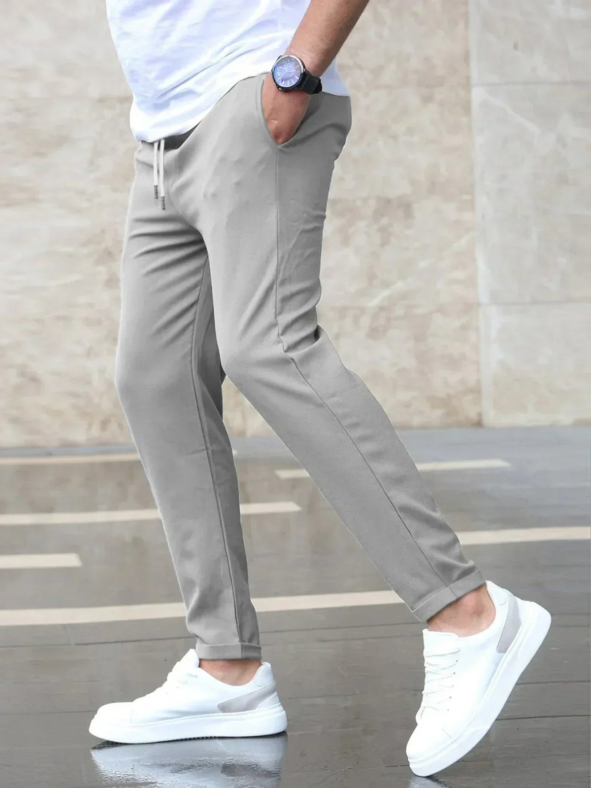 Homme Pantalon Chino Slim avec Cordon de Serrage et Revers