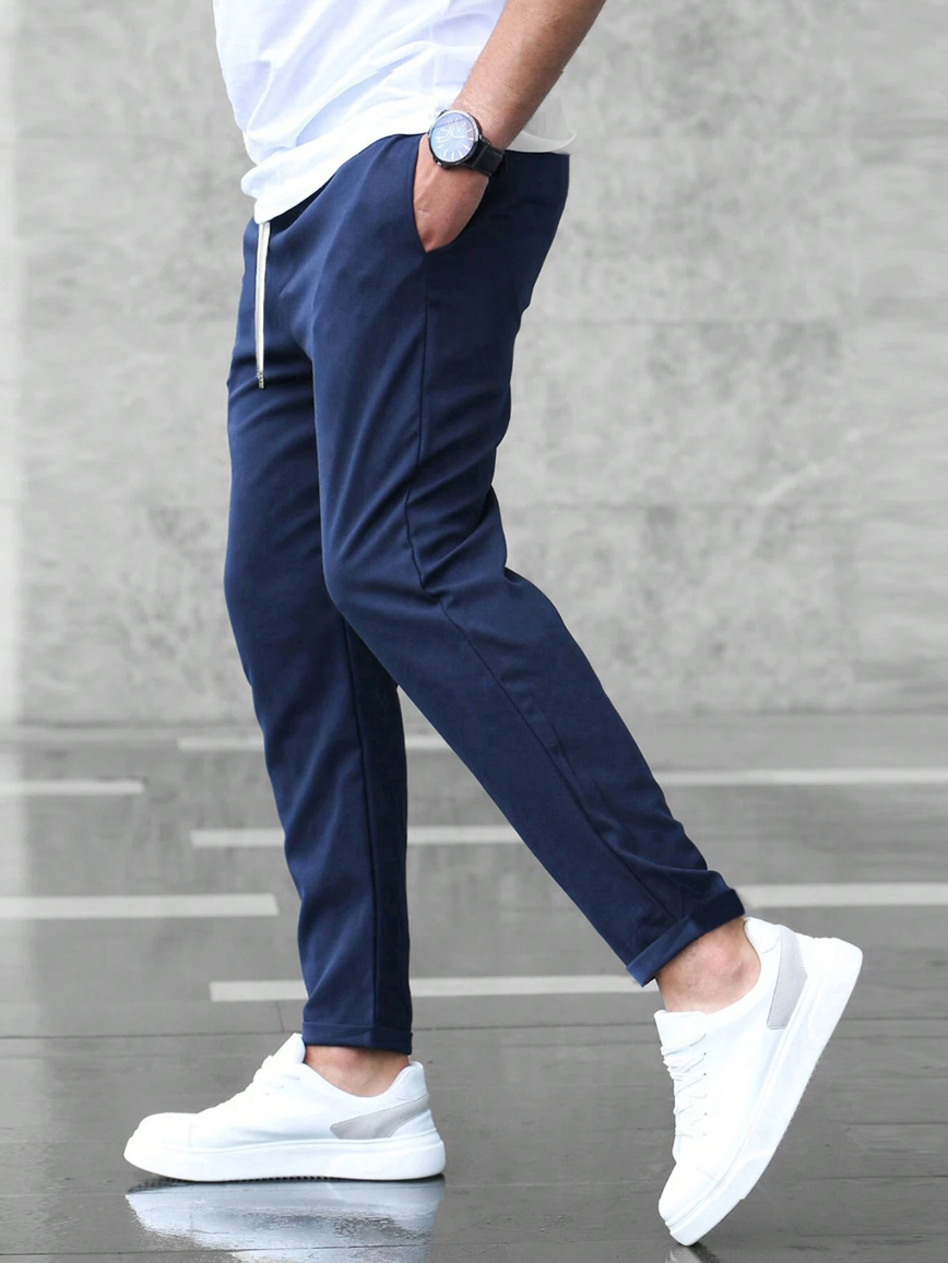 Homme Pantalon Chino Slim avec Cordon de Serrage et Revers
