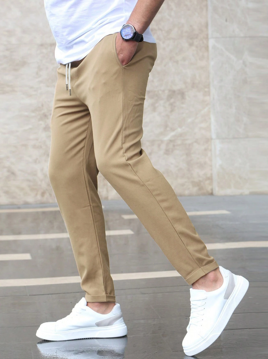 Homme Pantalon Chino Slim avec Cordon de Serrage et Revers
