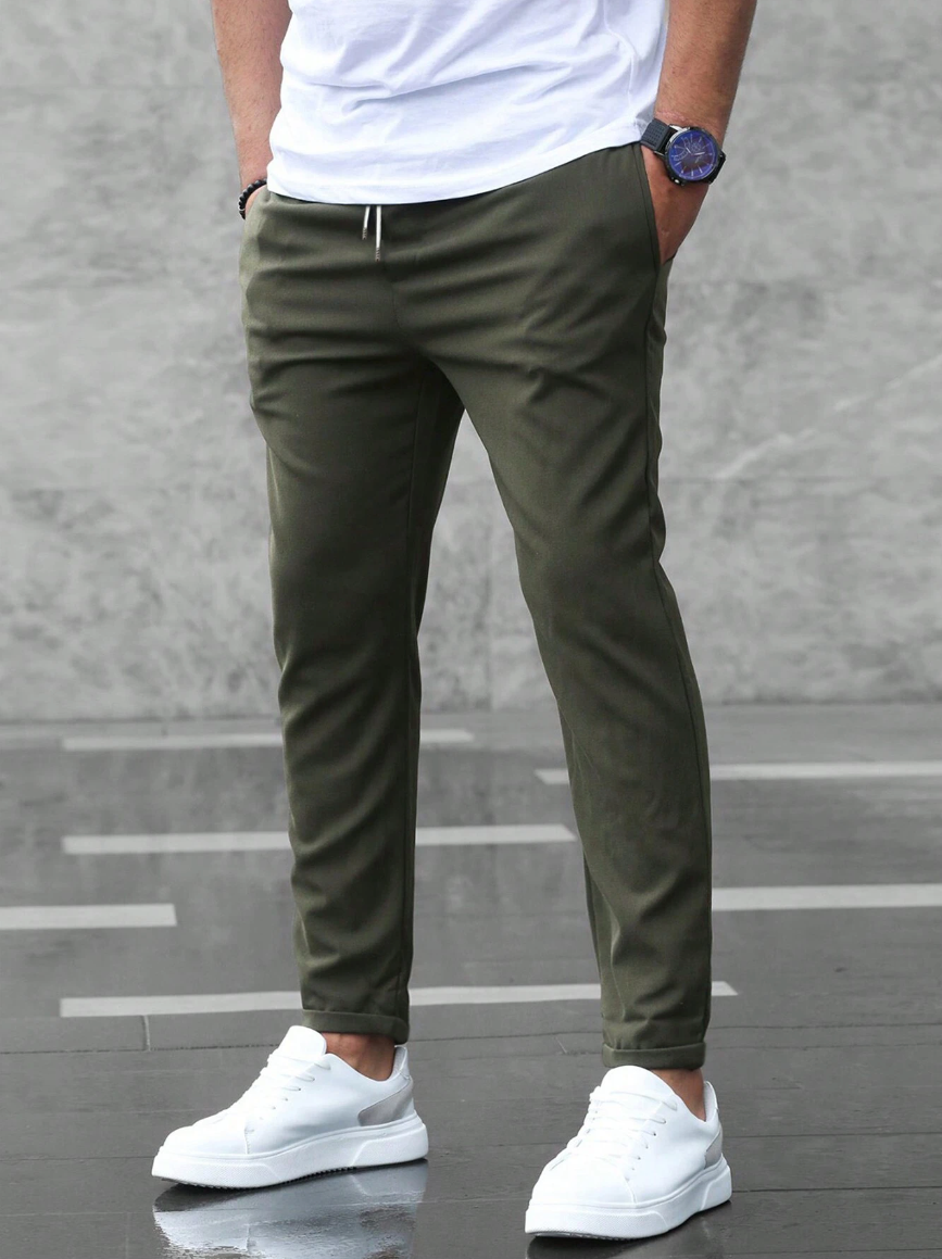 Homme Pantalon Chino Slim avec Cordon de Serrage et Revers