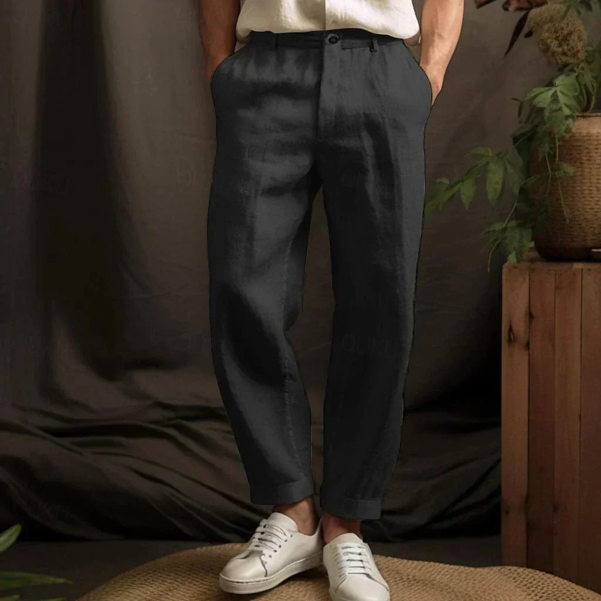 Homme Pantalon Chino Taille Haute avec Revers et Coupe Droite Décontractée