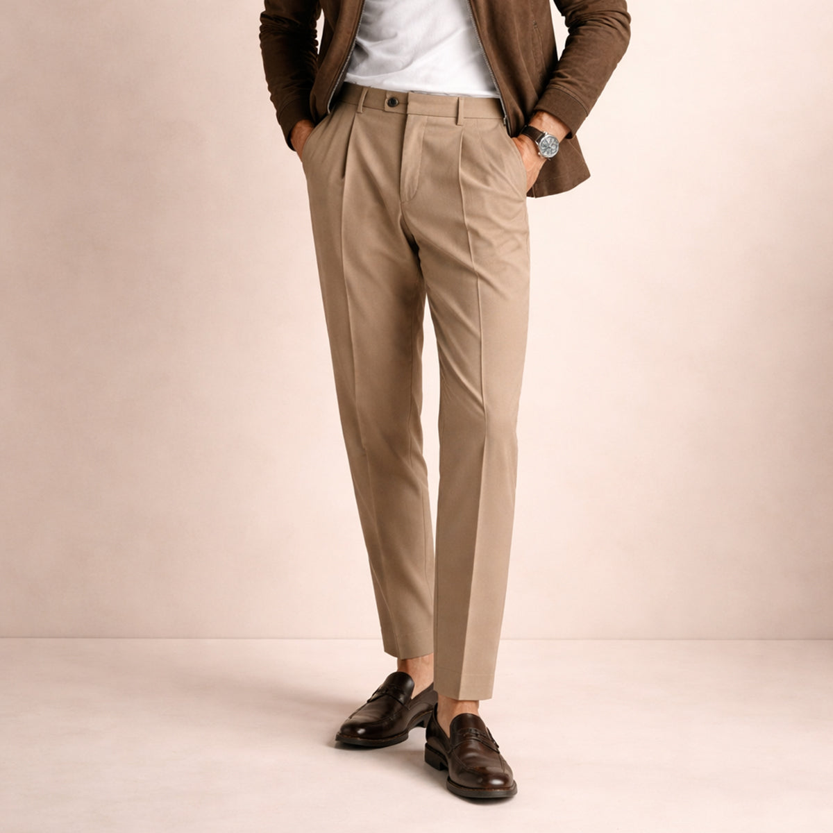 Homme Pantalon Habillé à Pinces Taille Haute Coupe Droite