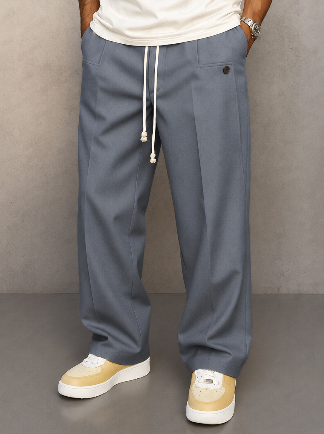 Homme Pantalon Large Plissé avec Cordon de Serrage