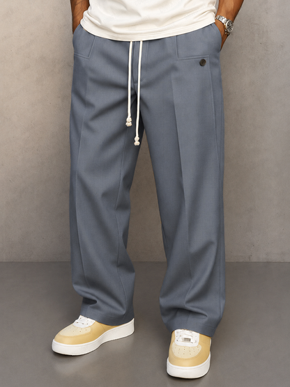 Homme Pantalon Large Plissé avec Cordon de Serrage