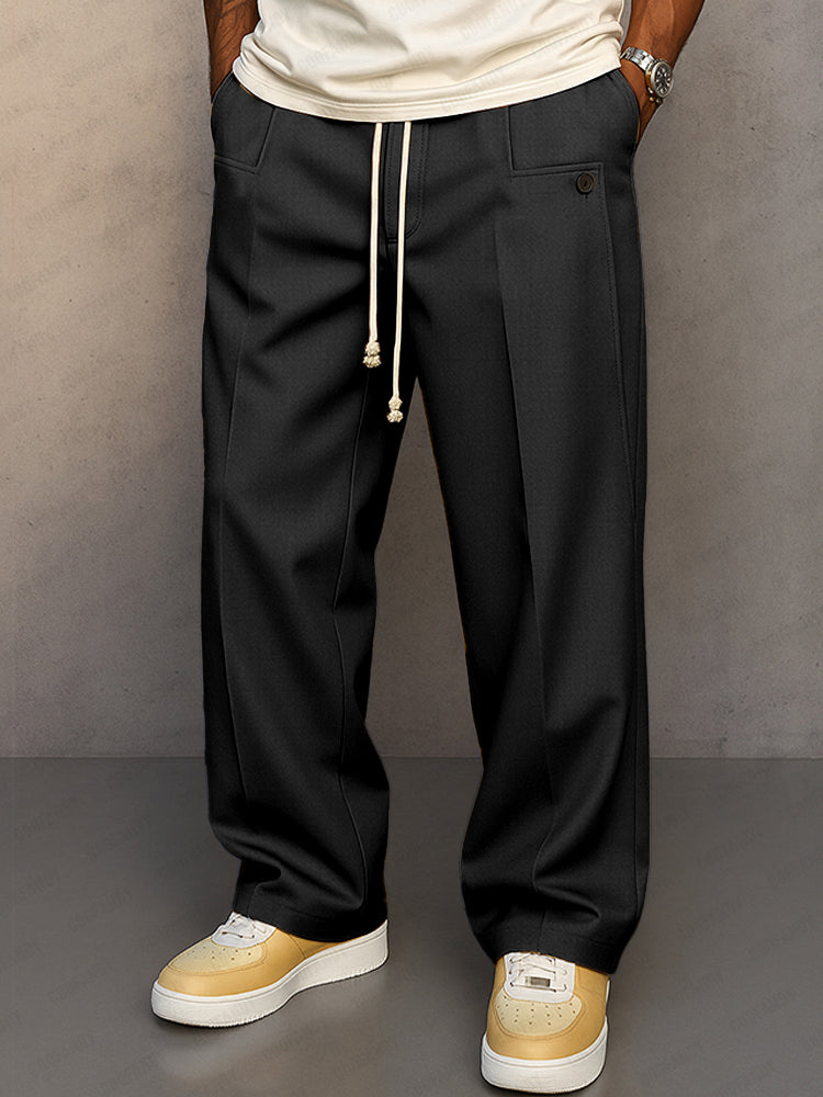 Homme Pantalon Large Plissé avec Cordon de Serrage