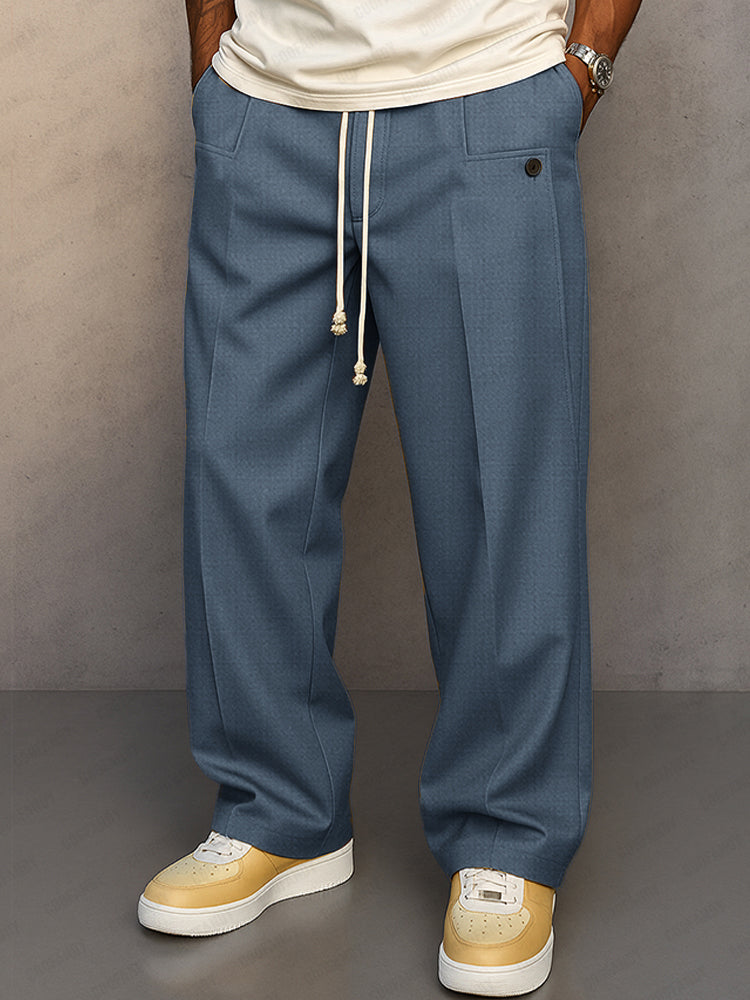 Homme Pantalon Large Plissé avec Cordon de Serrage